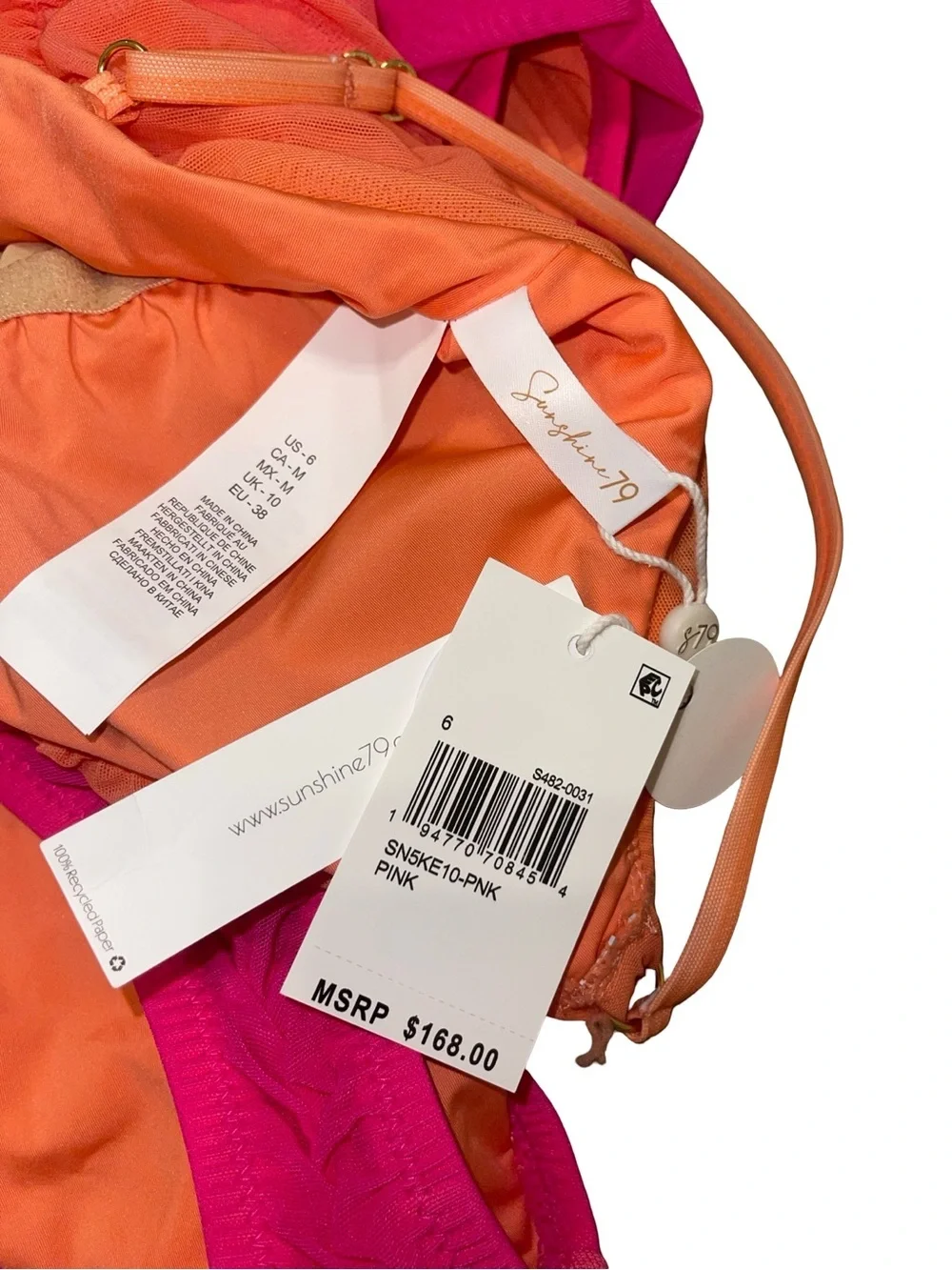 Sunshine 79 Ombre Illusions Plunge Swimsuit Pink Orange NWT size 6